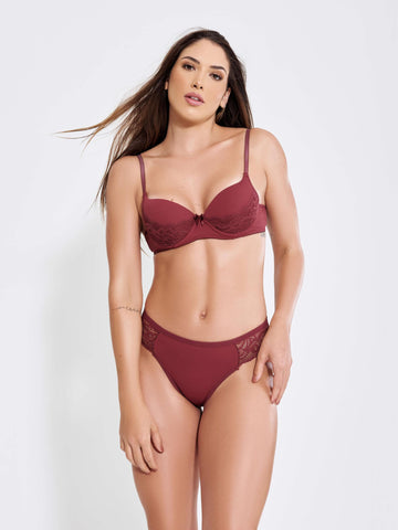 Conjunto Lingerie Canelado Sexy Com Bojo E Renda-VERMELHO