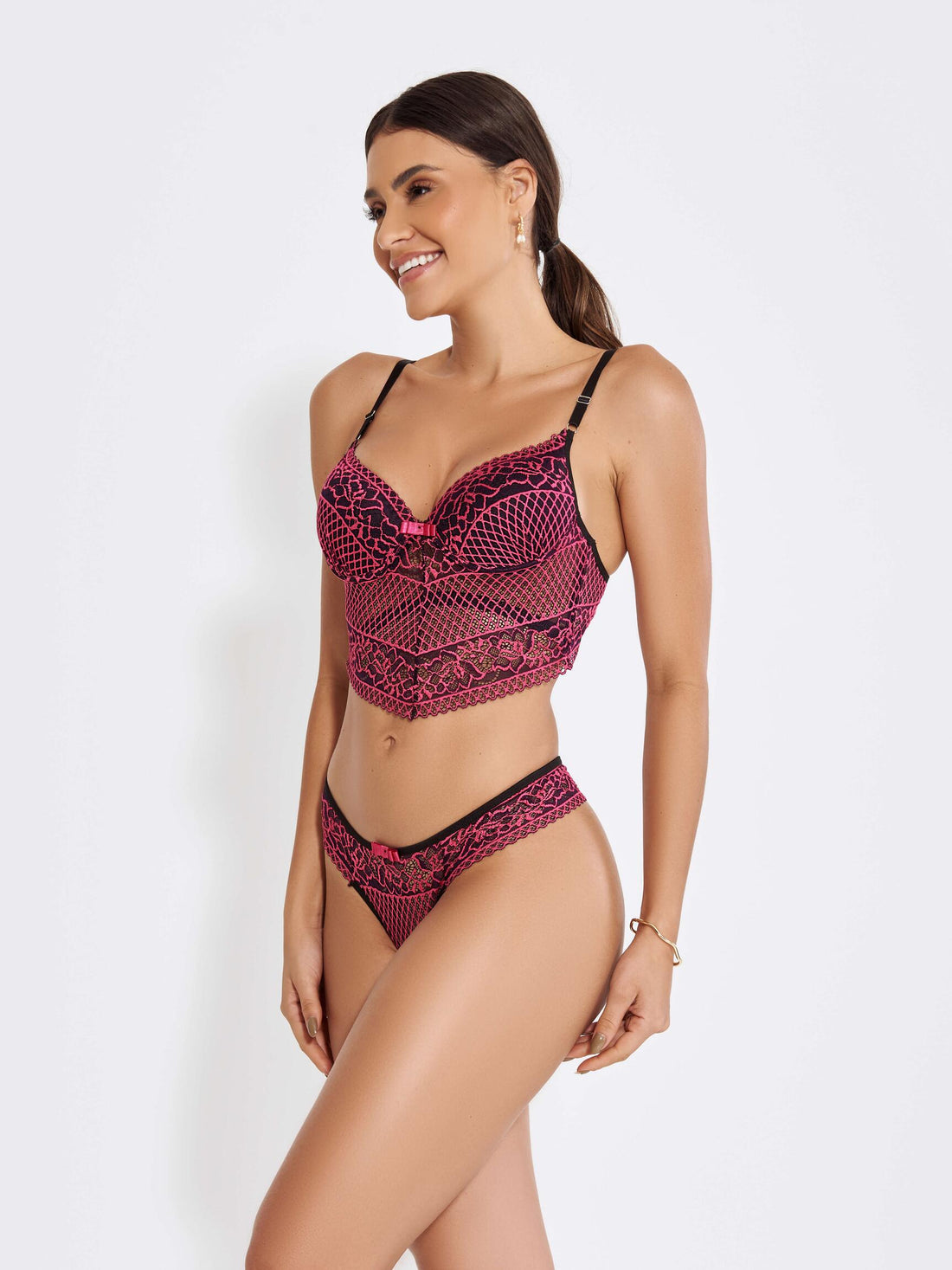 Conjunto Lingerie Cropped Sexy Em Renda Bicolor Com Bojo-PRETO