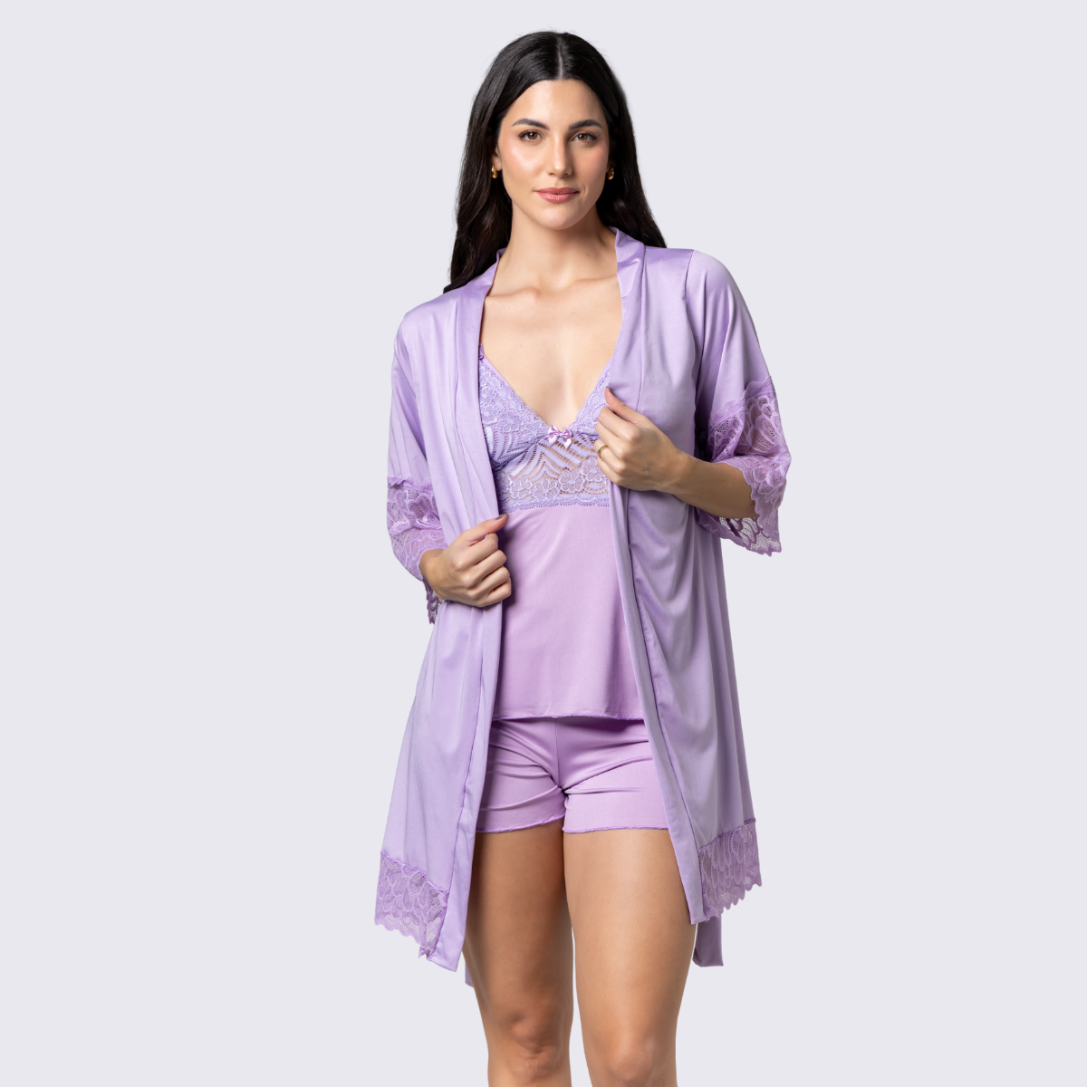 Kit Short Doll Pijama Amamentação Robe Luxo Renda Feminino - Altiê Intimate