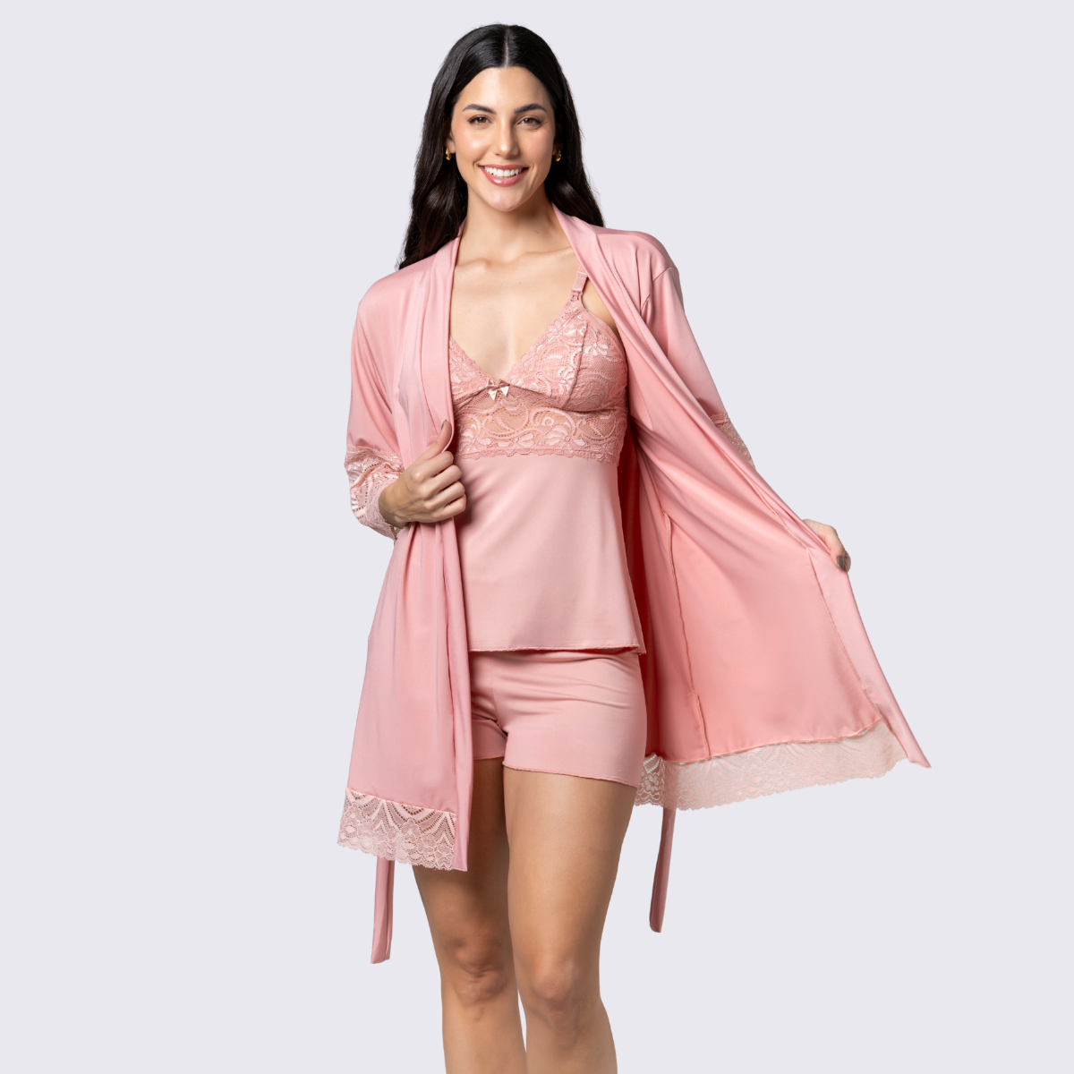 Kit Short Doll Pijama Amamentação Robe Luxo Renda Feminino - Altiê Intimate