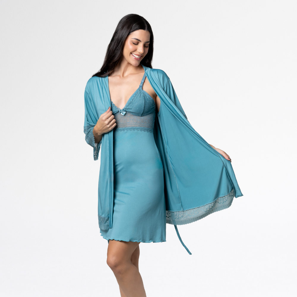Kit Robe Noiva Camisola Amamentação Curta Gestante Maternidade - Altiê Intimate
