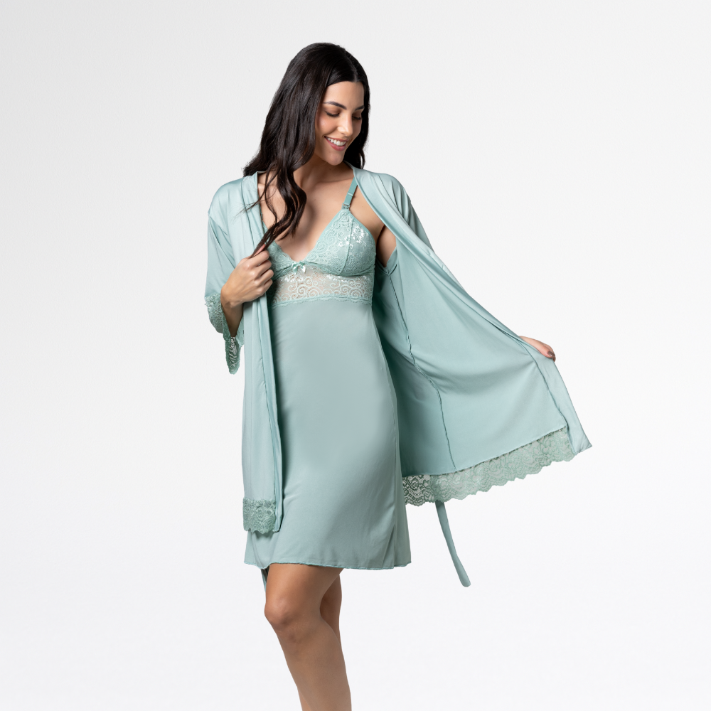 Kit Robe Noiva Camisola Amamentação Curta Gestante Maternidade - Altiê Intimate