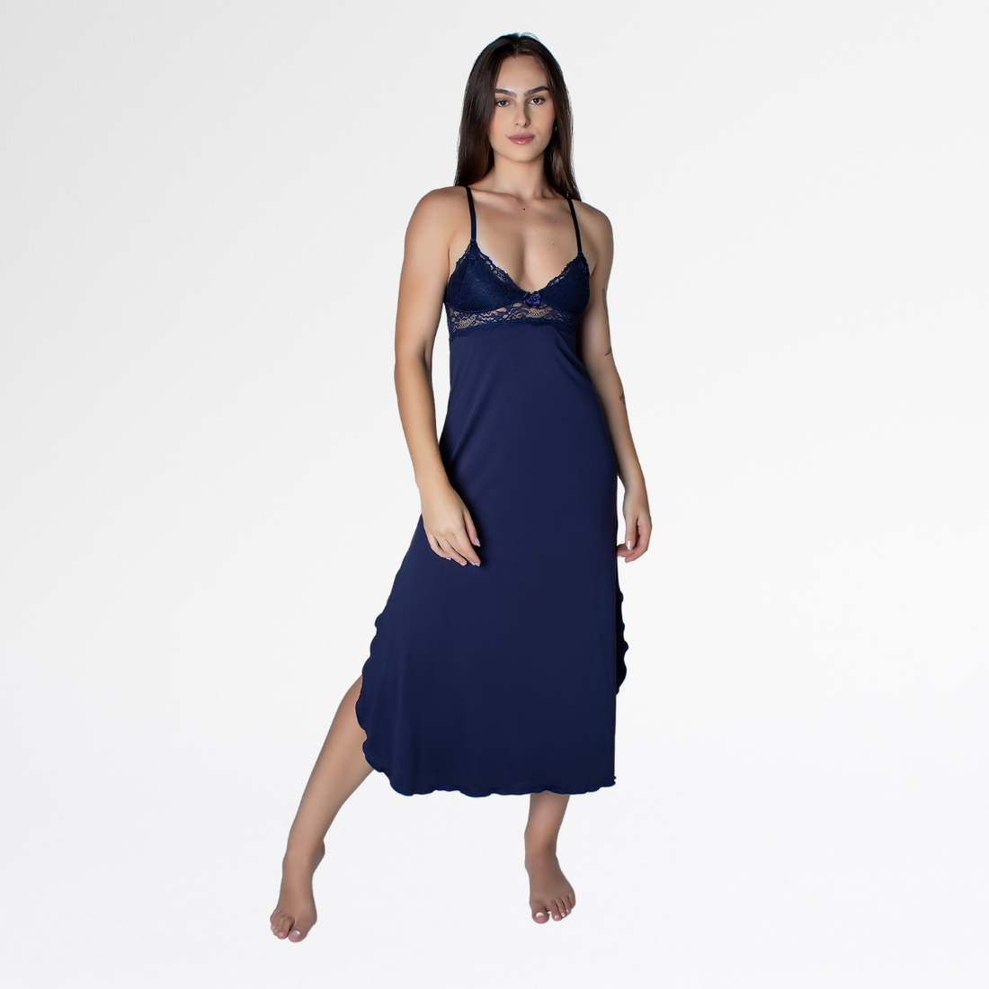 Camisola Longa Nadador Renda Luxo Alças Cruzadas Conforto - Azul Marinho - Altiê Intimate