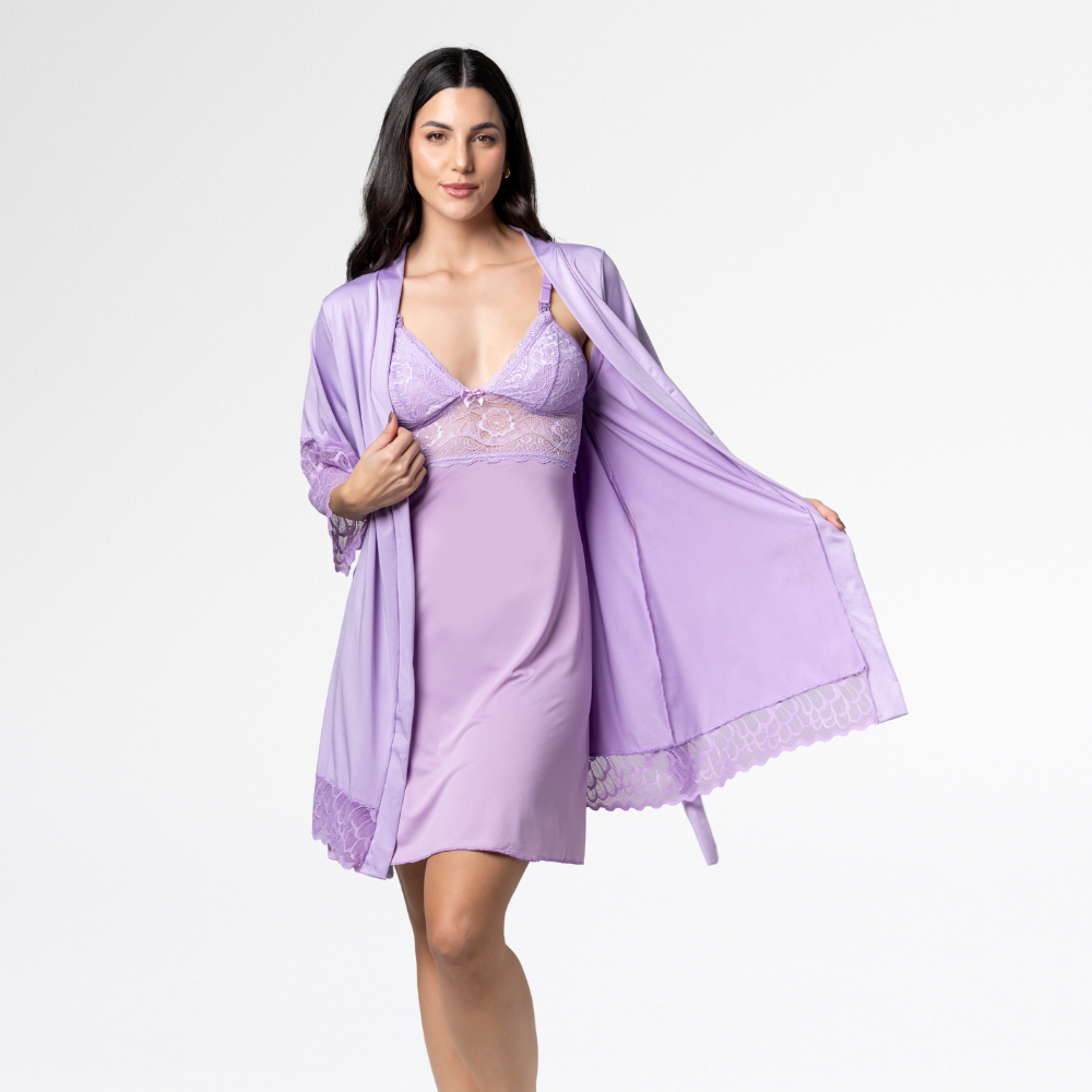 Kit Robe Noiva Camisola Amamentação Curta Gestante Maternidade - Altiê Intimate