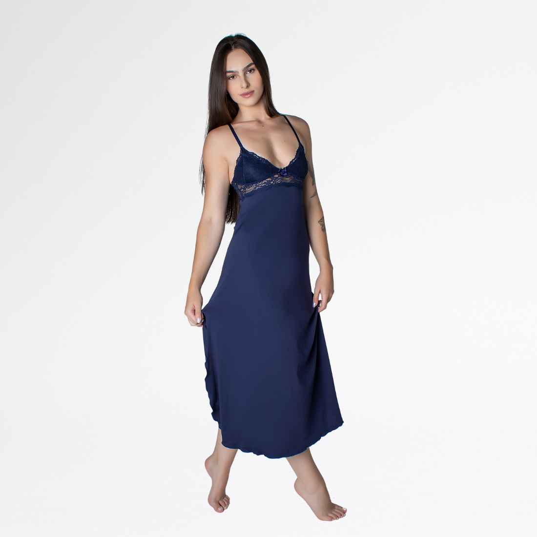Camisola Longa Nadador Renda Luxo Alças Cruzadas Conforto - Azul Marinho - Altiê Intimate