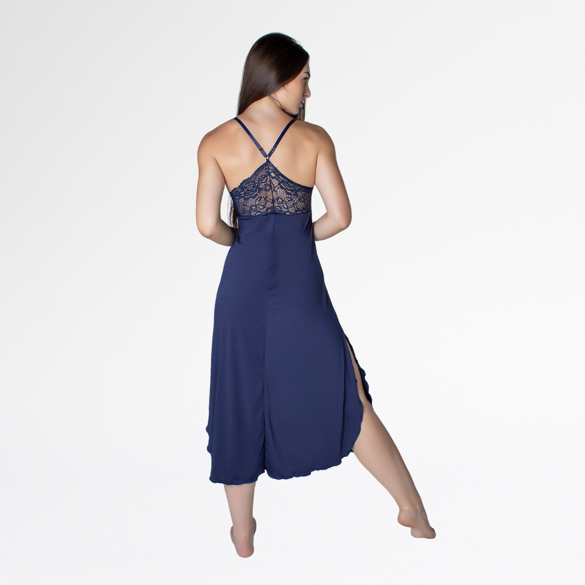 Camisola Longa Nadador Renda Luxo Alças Cruzadas Conforto - Azul Marinho - Altiê Intimate