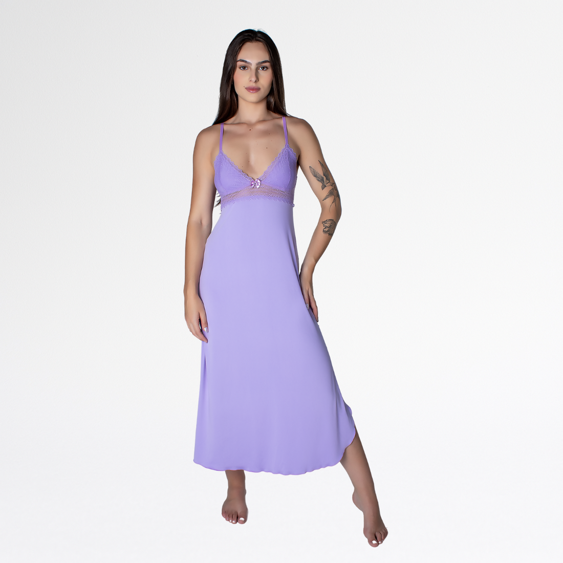 Camisola Longa Nadador Renda Luxo Alças Cruzadas Conforto - Lavanda - Altiê Intimate