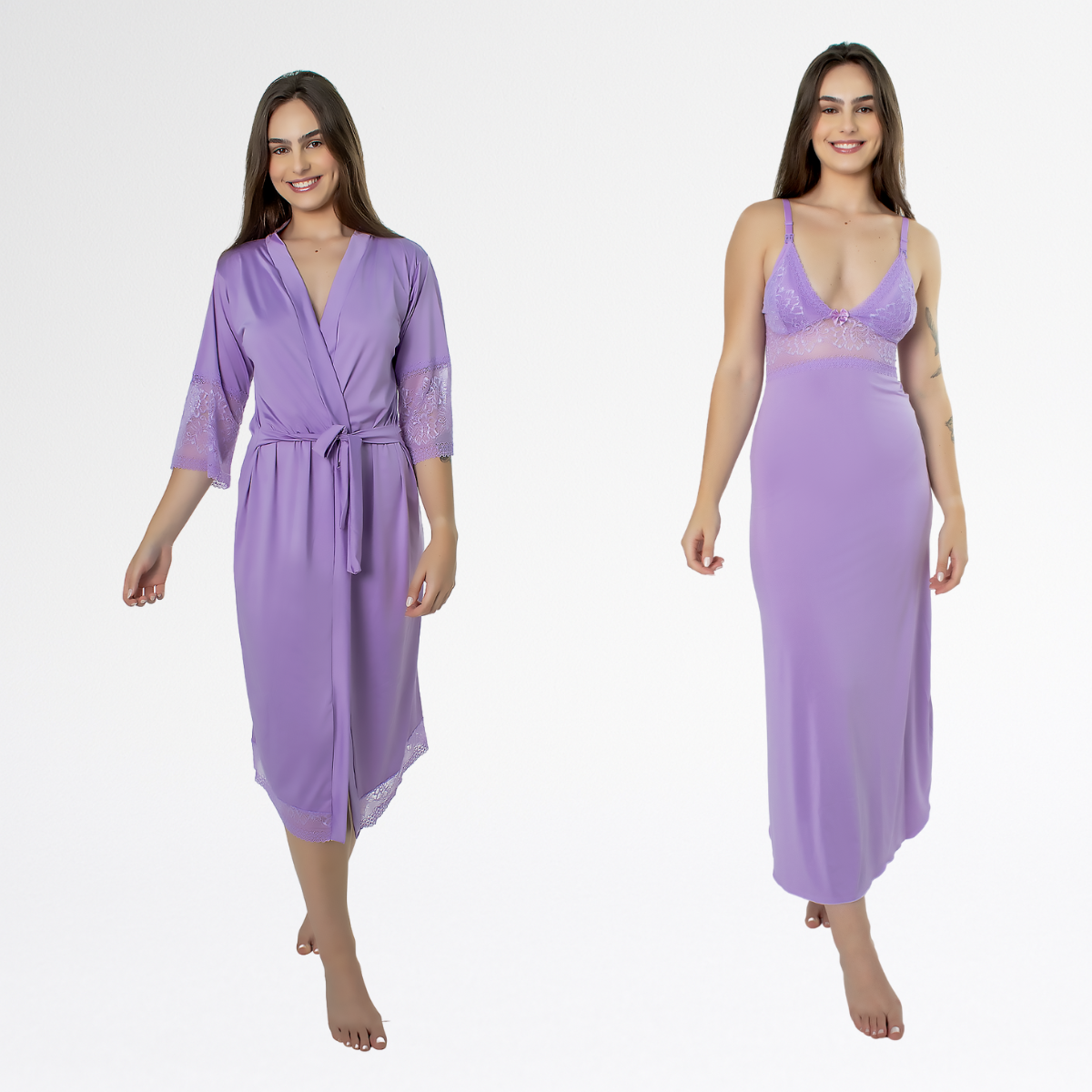 Kit Robe Noiva Roupão Camisola Amamentação Longa Maternidade - Lavanda - Altiê Intimate
