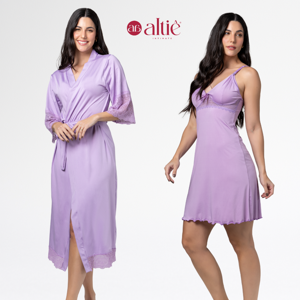 Kit Maternidade Luxo Robe Longo + Camisola Curta Amamentação Confortável - Altiê Intimate