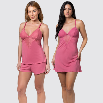 Kit Camisola Short Doll Renda Conforto Sensual Feminina Noite