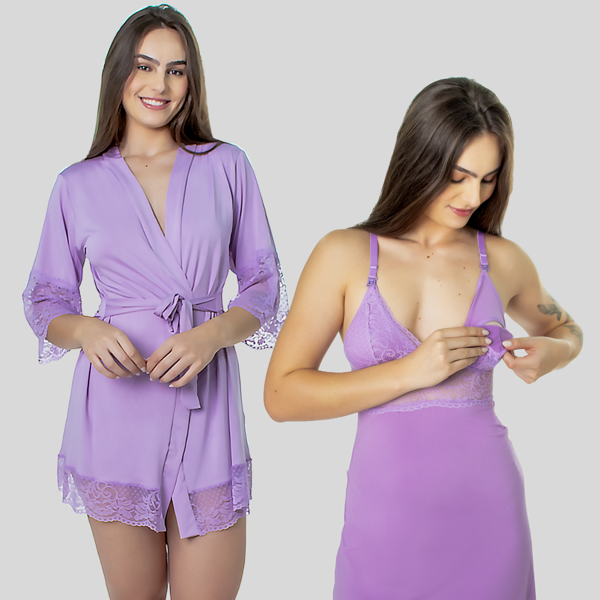 Kit Robe Noiva Camisola Amamentação Curta Gestante Maternidade