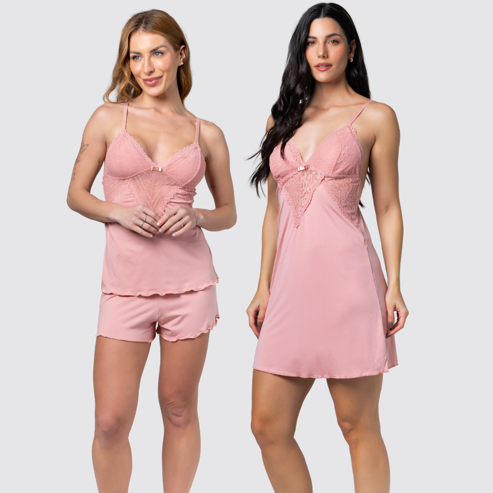 Kit Camisola Short Doll Renda Conforto Sensual Feminina Noite