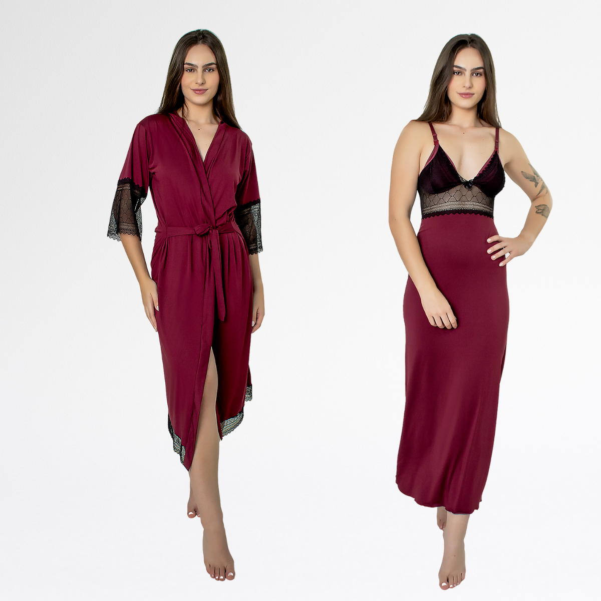 Kit Robe Noiva Roupão Camisola Amamentação Longa Maternidade - Rubro c/ Preto - Altiê Intimate