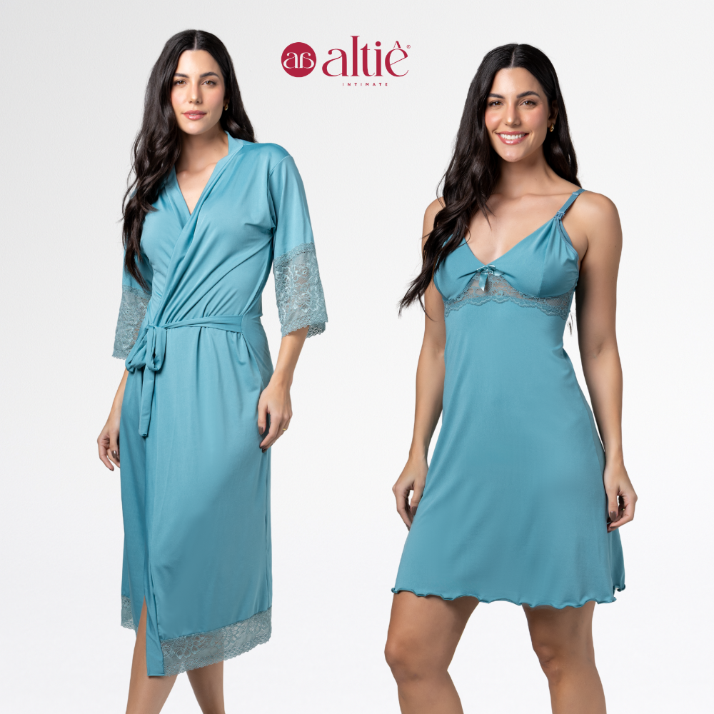 Kit Maternidade Luxo Robe Longo + Camisola Curta Amamentação Confortável - Altiê Intimate