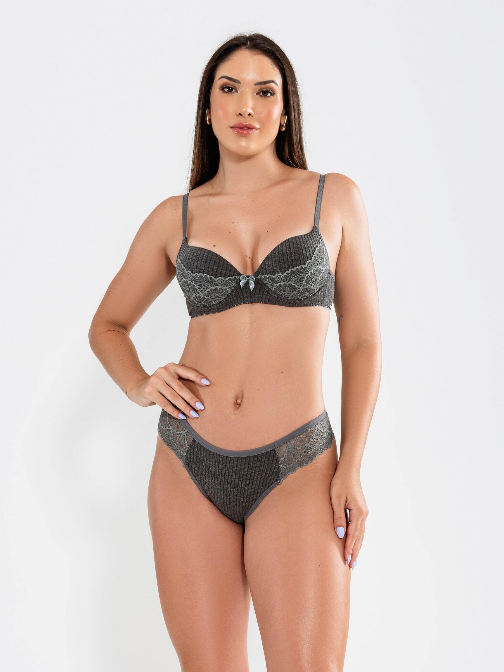 Conjunto Lingerie Canelado Sexy Com Bojo E Renda-CINZA - Altiê Intimate