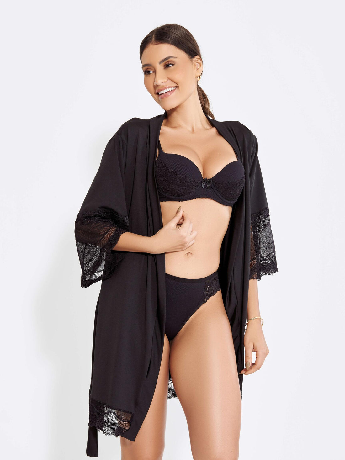 ROBE DE LUXO SEXY NOIVA FEMININO DETALHE EM RENDA-PRETO