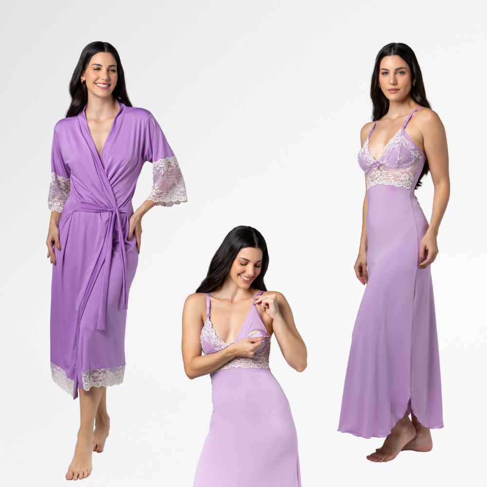 Kit Robe Longo Bicolor com Camisola longa Bicolor Amamentação Confortável Elegante - Altiê Intimate