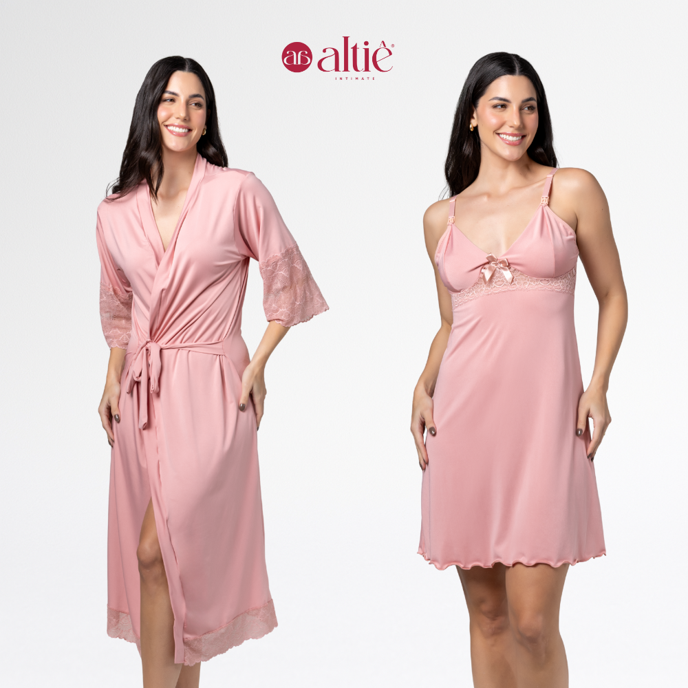 Kit Maternidade Luxo Robe Longo + Camisola Curta Amamentação Confortável - Altiê Intimate