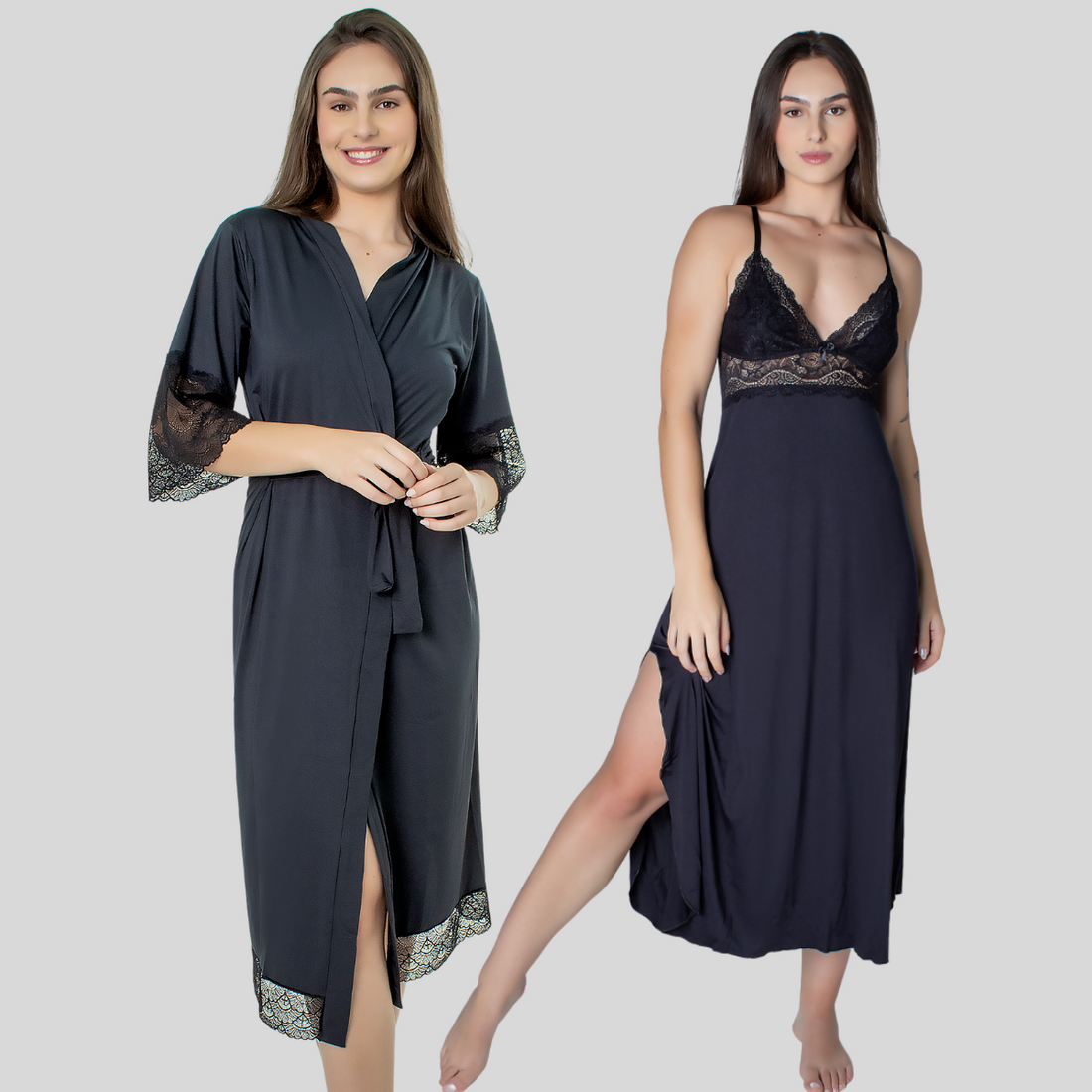 Kit Camisola Robe Longo Sensual Renda Conforto Feminino Luxo