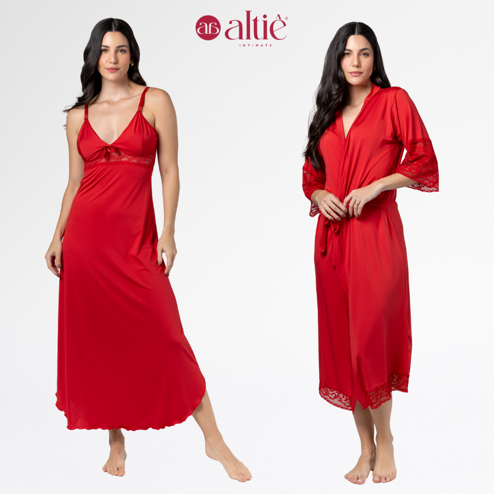 Kit Camisola Longa com Robe Feminino em Renda Luxo – Elegante, Confortável e Sofisticado - Altiê Intimate