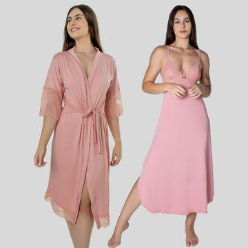 Kit Camisola Robe Longo Sensual Renda Conforto Feminino Luxo
