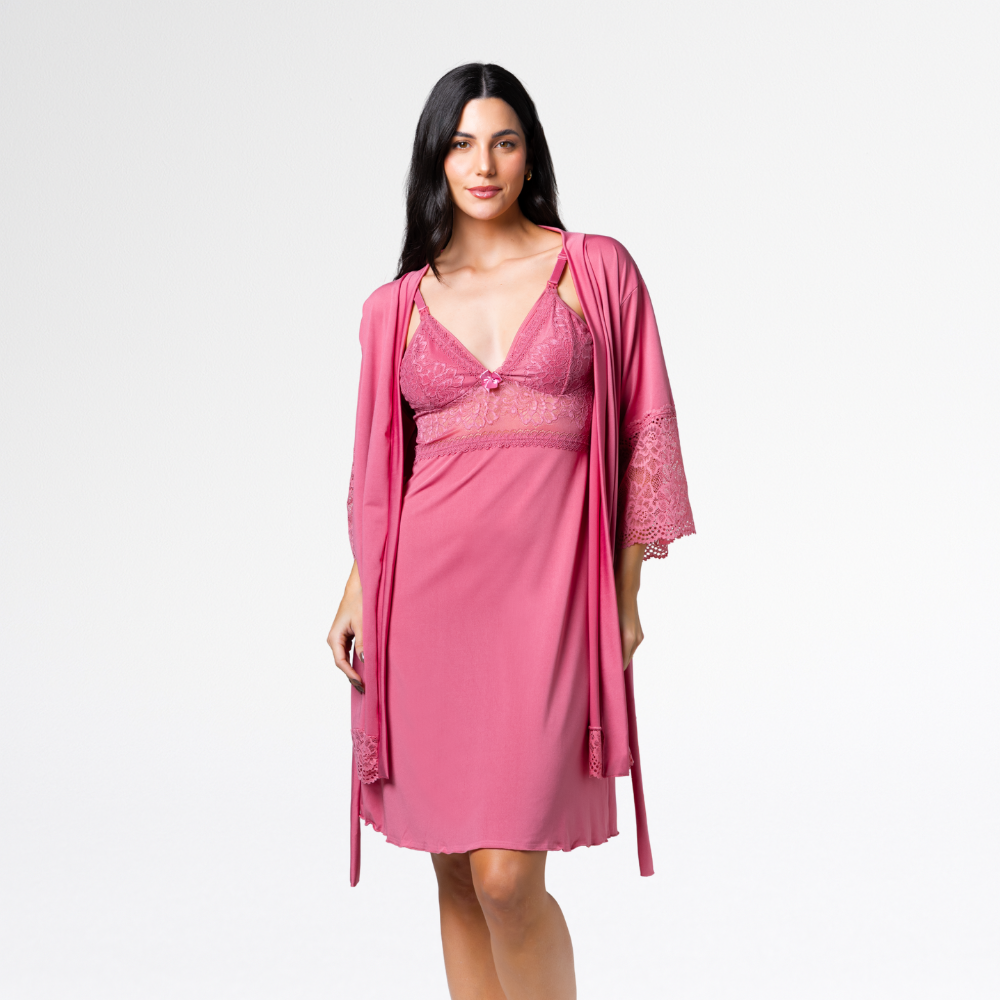 Kit Robe Noiva Camisola Amamentação Curta Gestante Maternidade - Altiê Intimate