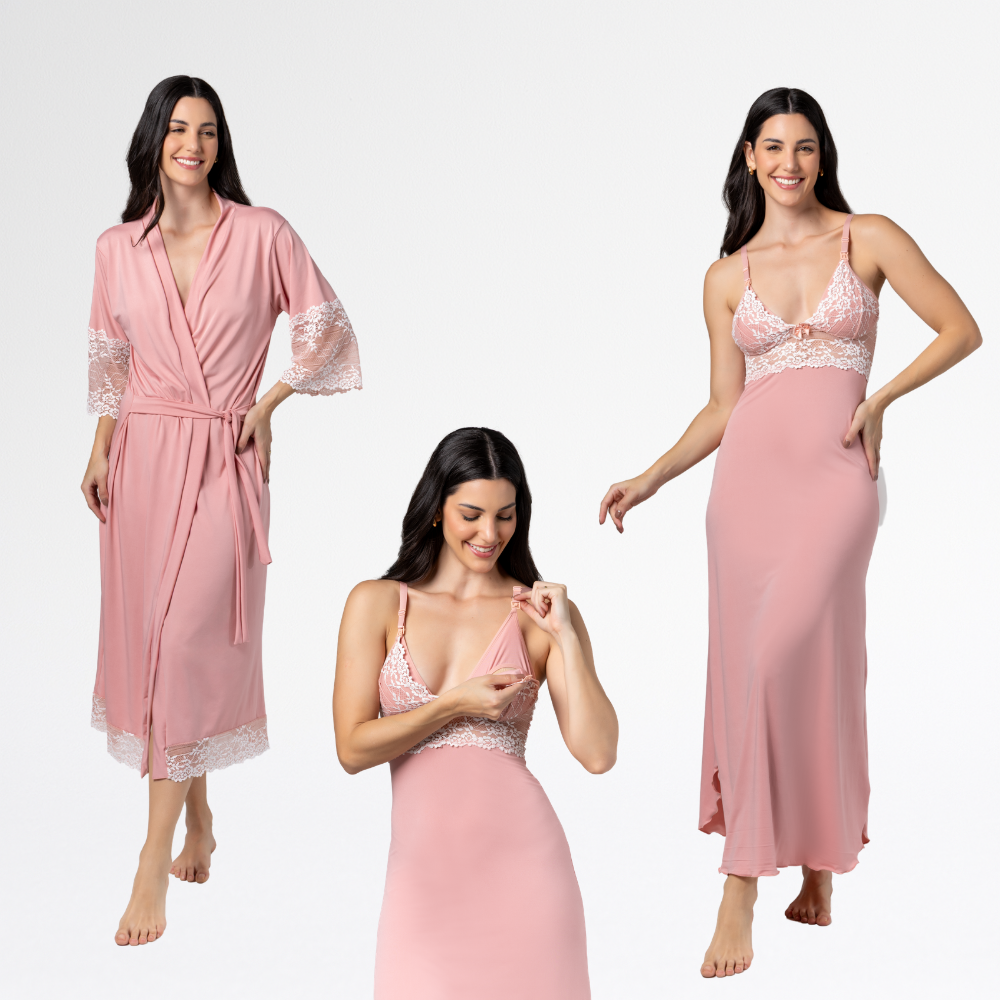 Kit Robe Longo Bicolor com Camisola longa Bicolor Amamentação Confortável Elegante - Altiê Intimate