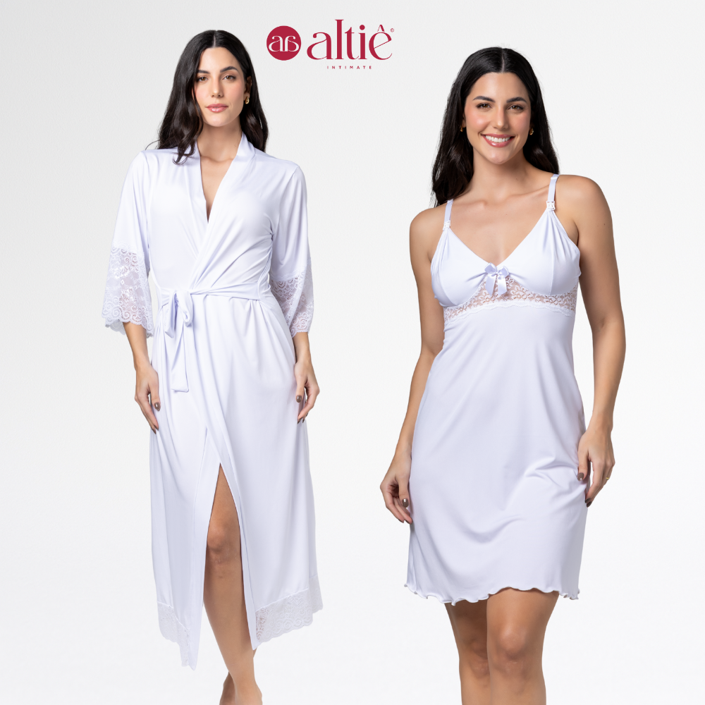 Kit Maternidade Luxo Robe Longo + Camisola Curta Amamentação Confortável - Altiê Intimate