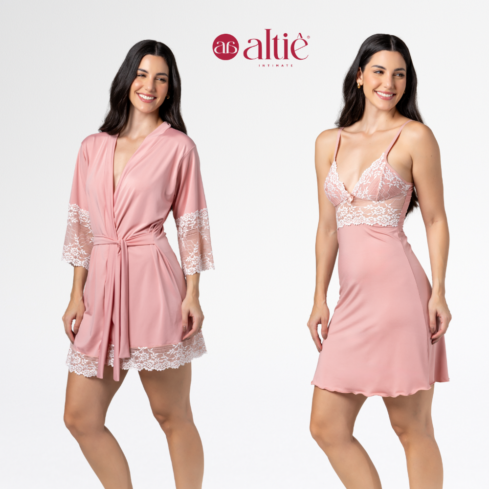 Kit Camisola Curta Bicolor com Robe Luxo Feminino em Renda – Sensual e Confortável - Altiê Intimate