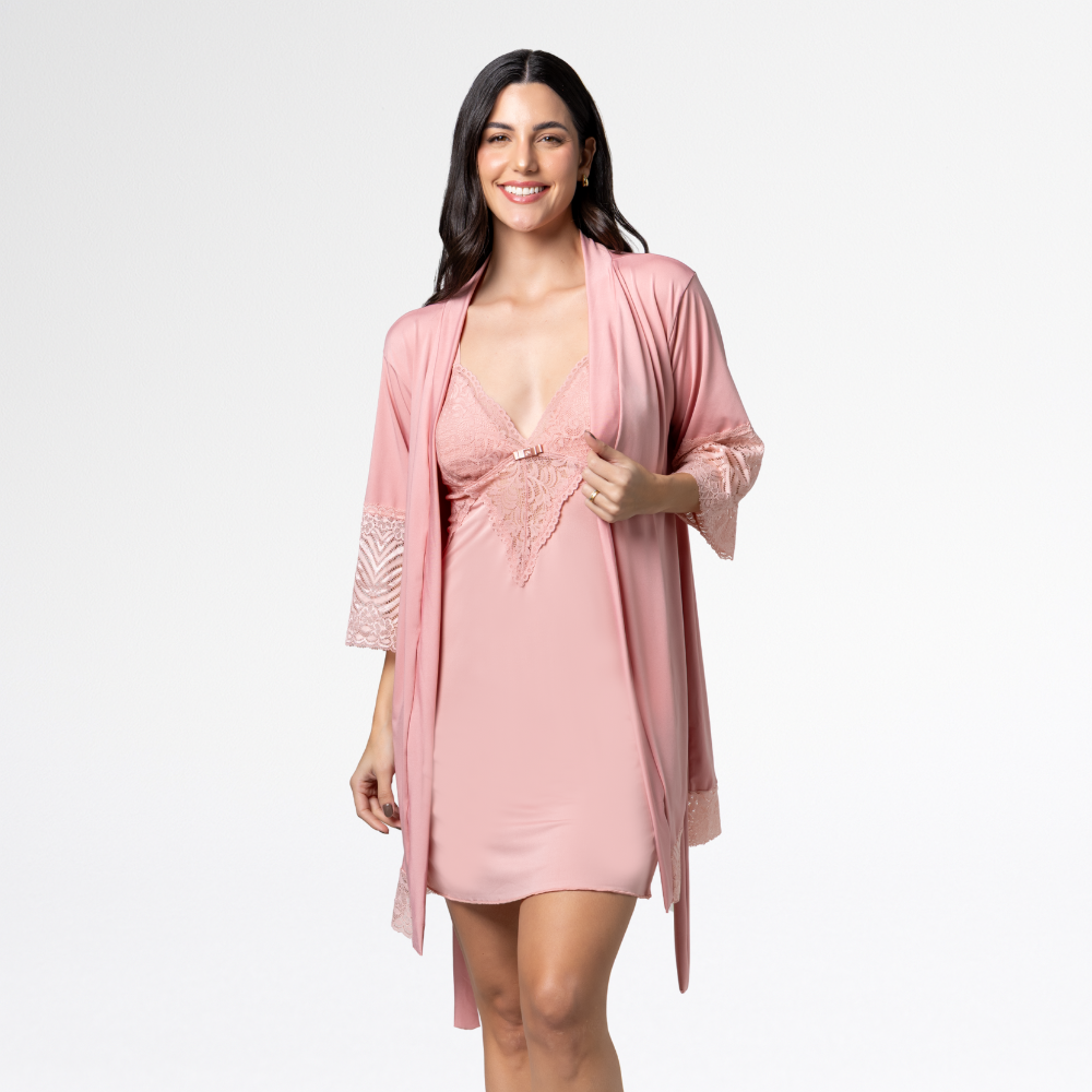 Kit Robe Feminino Luxo Noiva Camisola Renda Confortável - Altiê Intimate