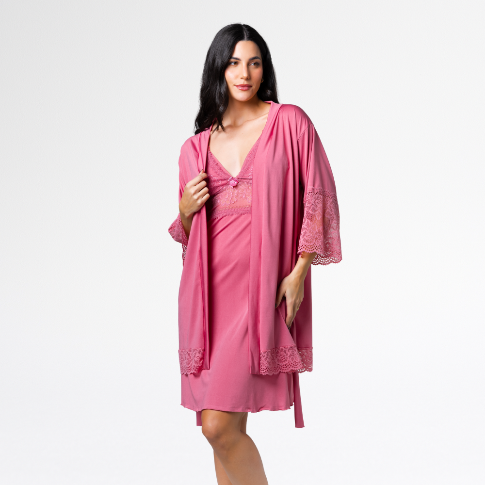 Kit Robe Noiva Camisola Amamentação Curta Gestante Maternidade - Altiê Intimate