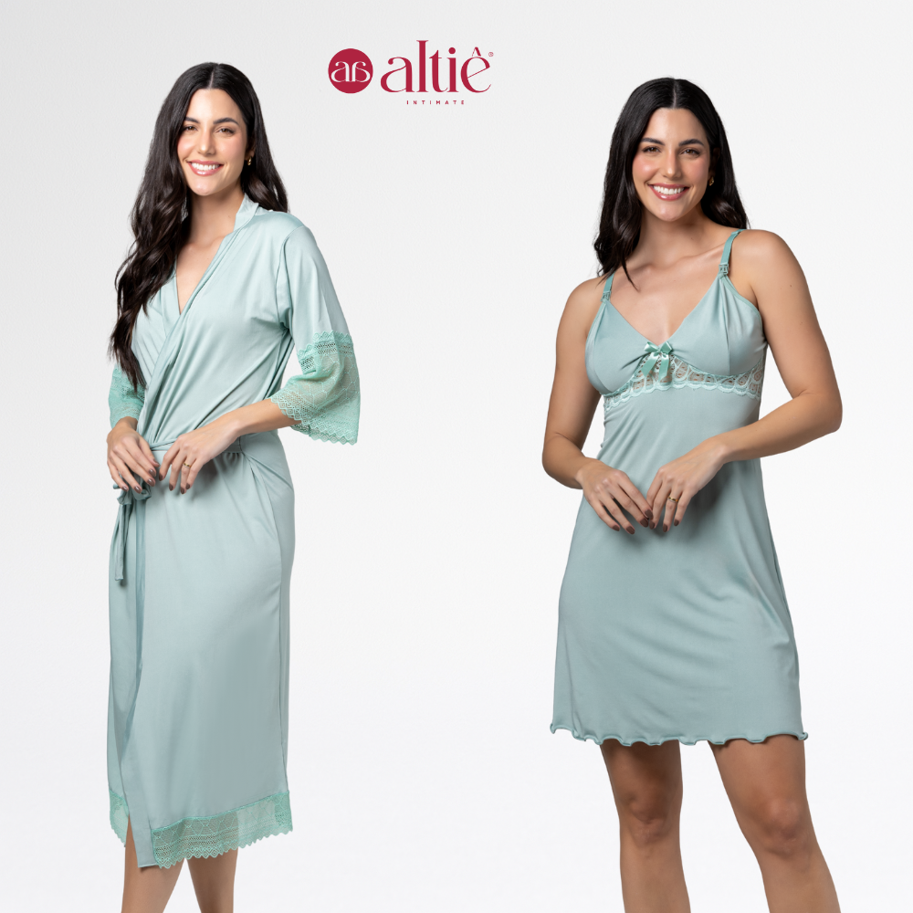 Kit Maternidade Luxo Robe Longo + Camisola Curta Amamentação Confortável - Altiê Intimate