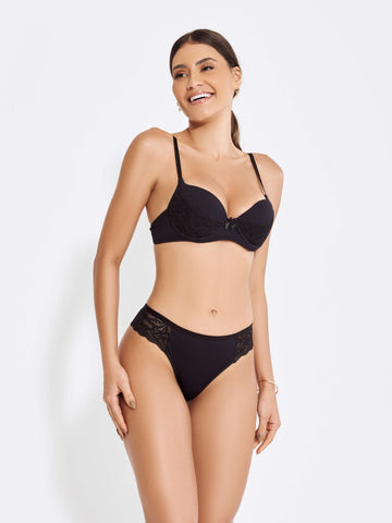Conjunto Lingerie Canelado Sexy Com Bojo E Renda-PRETO - Altiê Intimate
