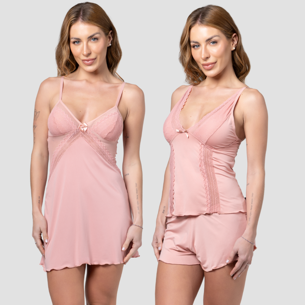 Kit Camisola Feminina Sensual Tule e Short Doll em Renda - Altiê Intimate