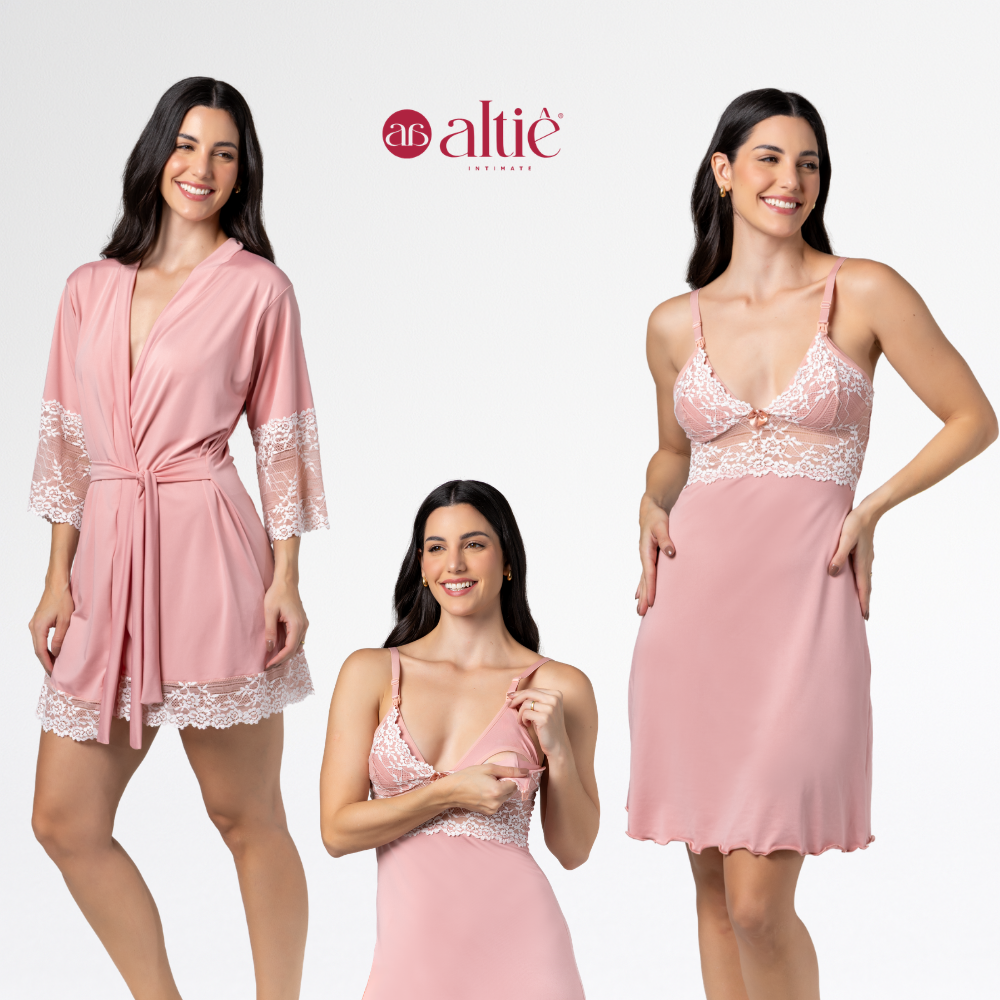 Kit Robe Curto Bicolor com Camisola Curta Bicolor Amamentação Confortável Elegante - Altiê Intimate