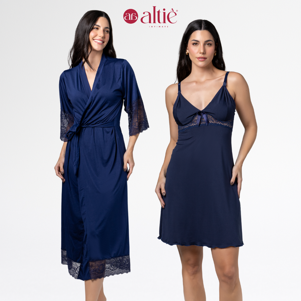 Kit Maternidade Luxo Robe Longo + Camisola Curta Amamentação Confortável - Altiê Intimate