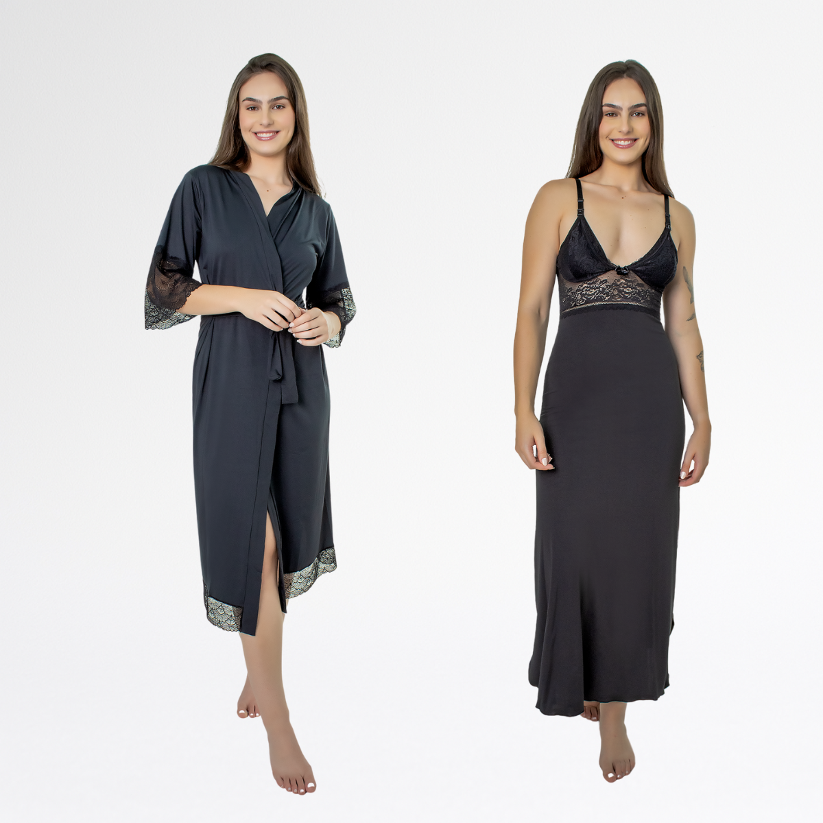 Kit Robe Noiva Roupão Camisola Amamentação Longa Maternidade - Preto - Altiê Intimate