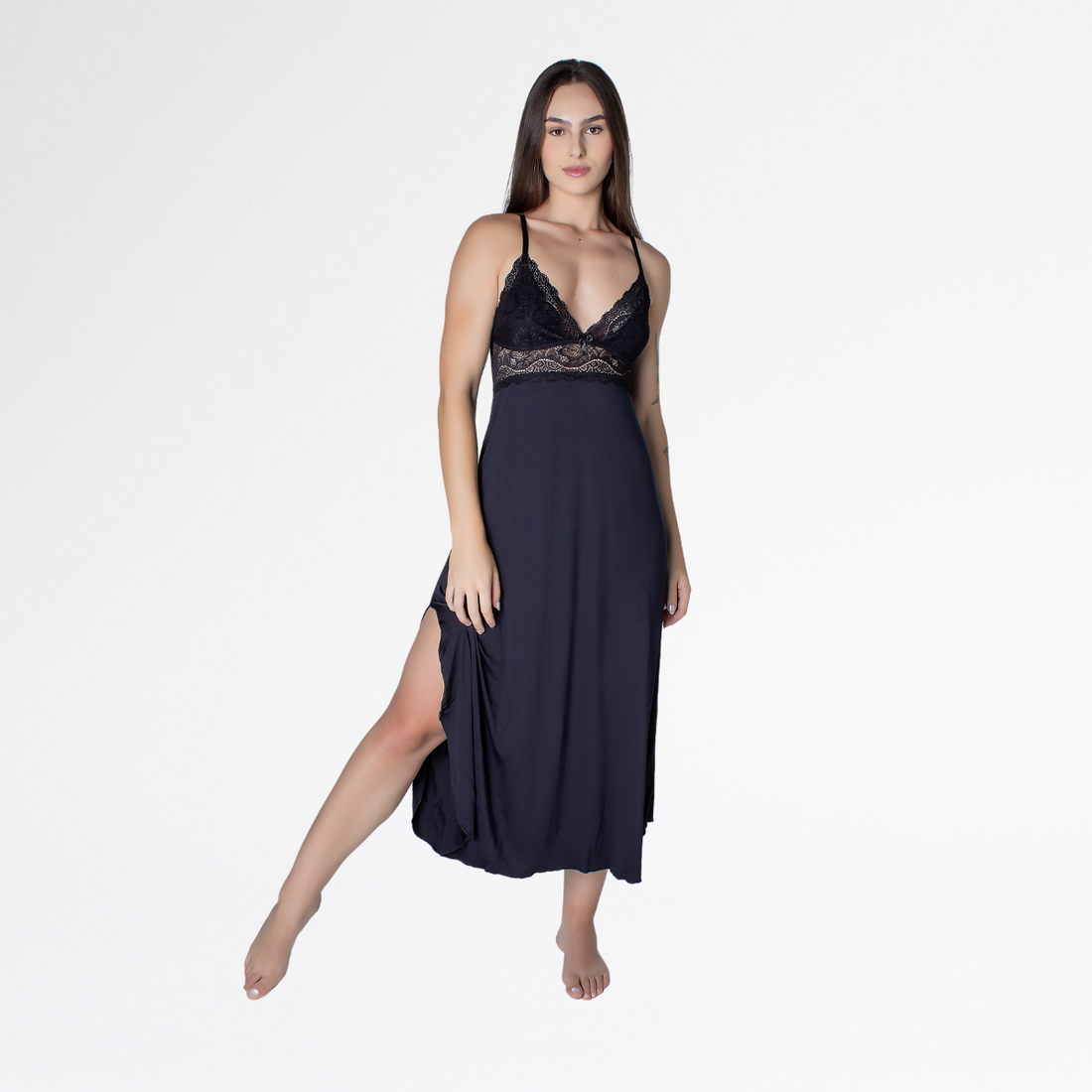 Camisola Longa Nadador Renda Luxo Alças Cruzadas Conforto - Preto - Altiê Intimate