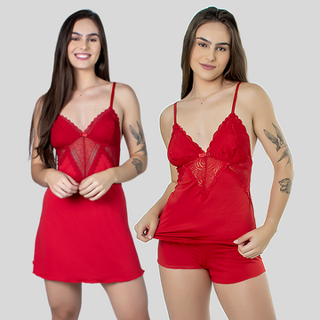 Kit Camisola Short Doll Renda Conforto Sensual Feminina Noite