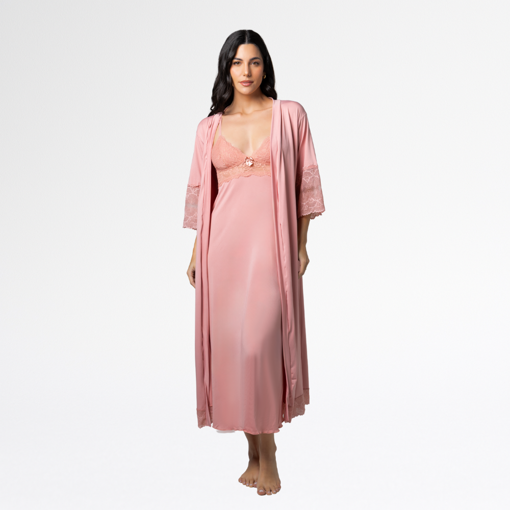 Kit Camisola Robe Longo Sensual Renda Conforto Feminino Luxo - Altiê Intimate
