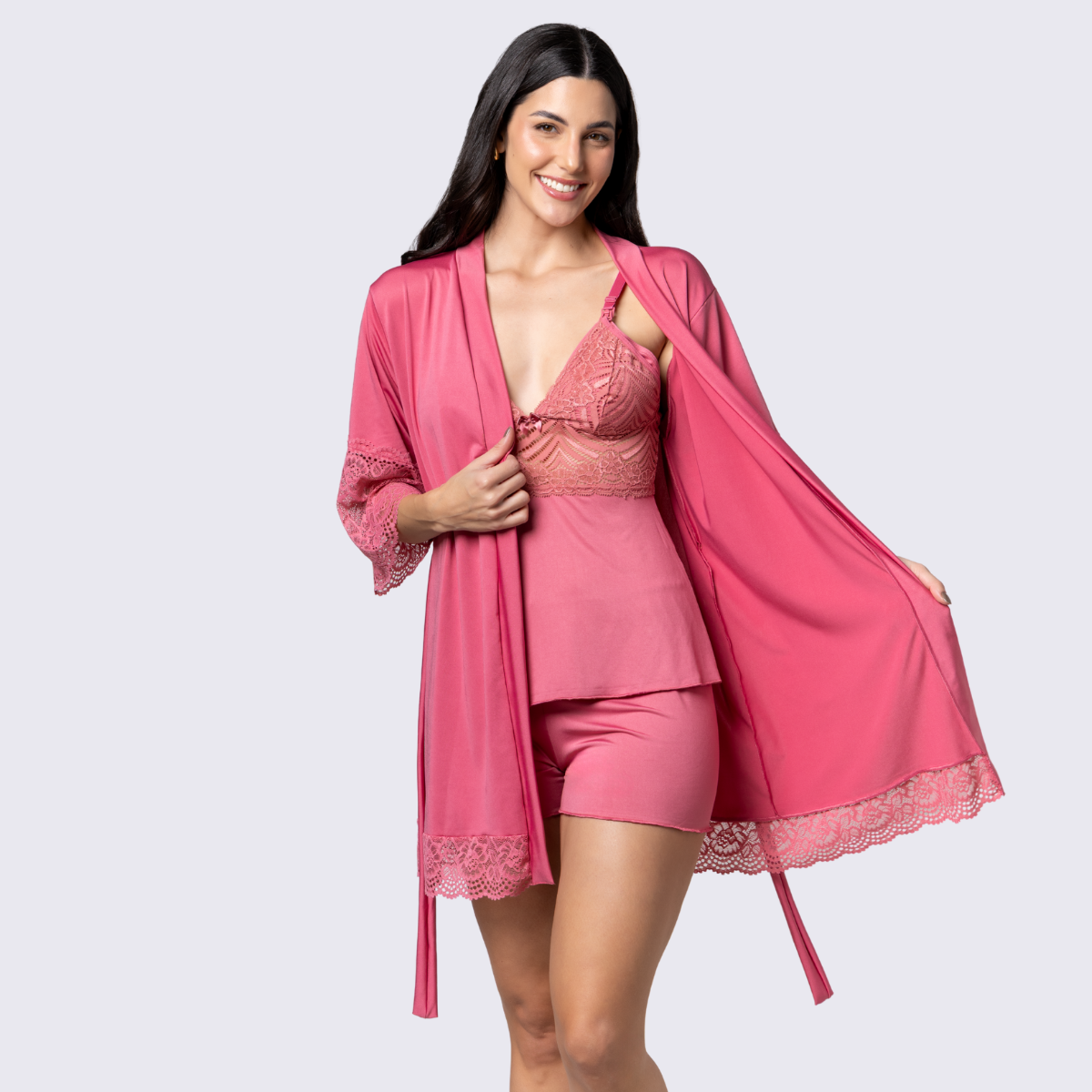 Kit Short Doll Pijama Amamentação Robe Luxo Renda Feminino - Altiê Intimate