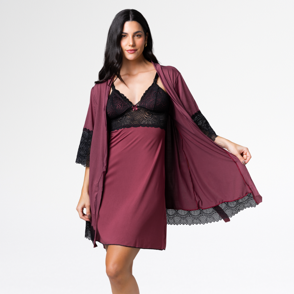 Kit Robe Noiva Camisola Amamentação Curta Gestante Maternidade - Altiê Intimate