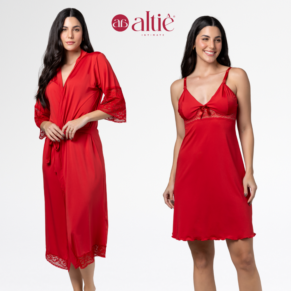 Kit Maternidade Luxo Robe Longo + Camisola Curta Amamentação Confortável - Altiê Intimate