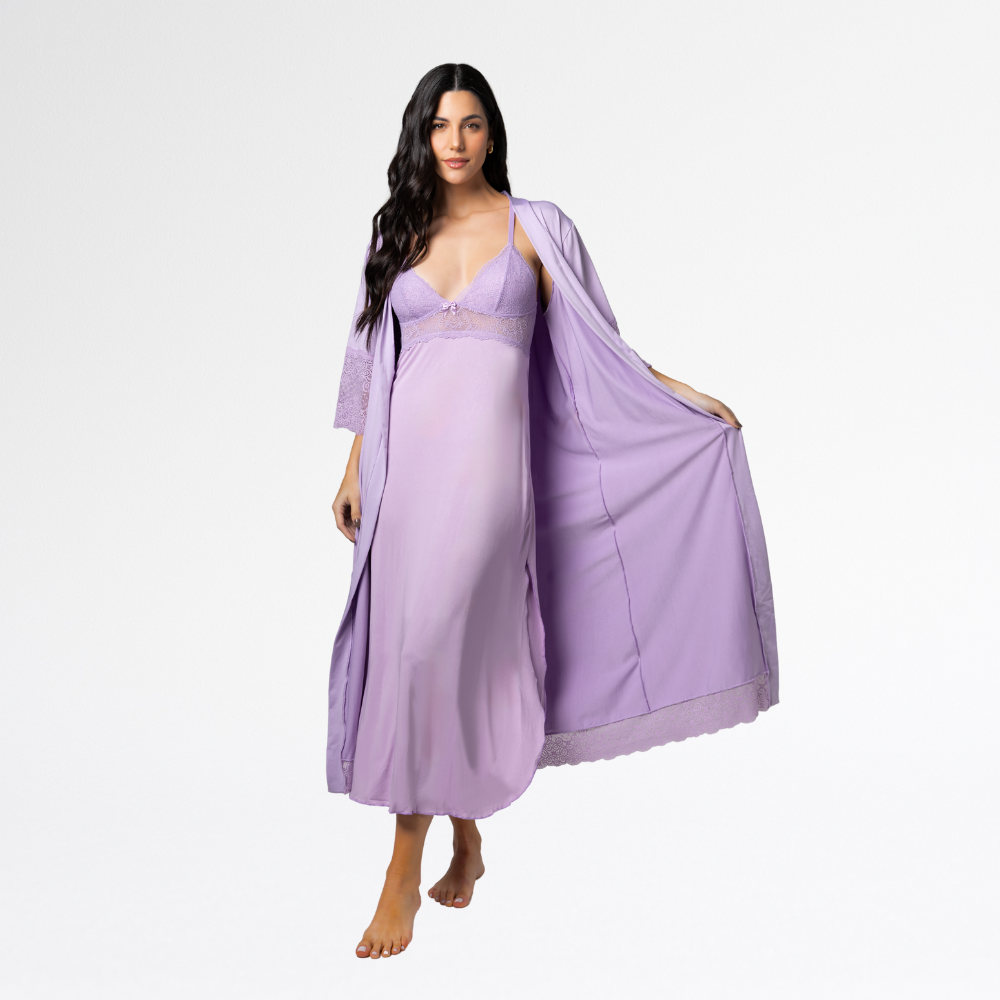 Kit Camisola Robe Longo Sensual Renda Conforto Feminino Luxo - Altiê Intimate