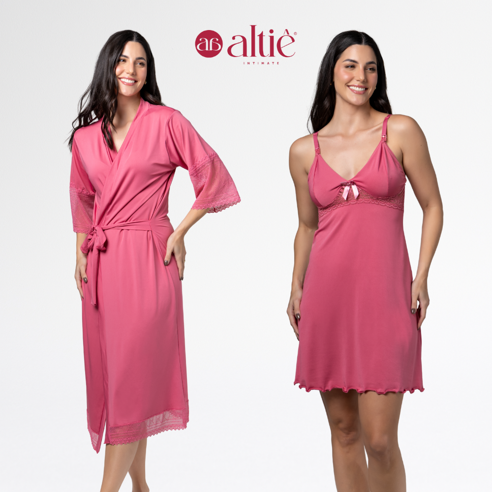 Kit Maternidade Luxo Robe Longo + Camisola Curta Amamentação Confortável - Altiê Intimate