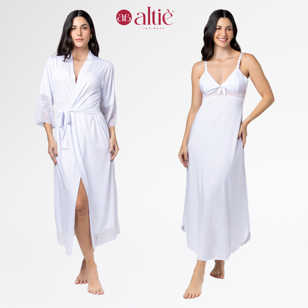 Kit Camisola Longa com Robe Feminino em Renda Luxo – Elegante, Confortável e Sofisticado - Altiê Intimate