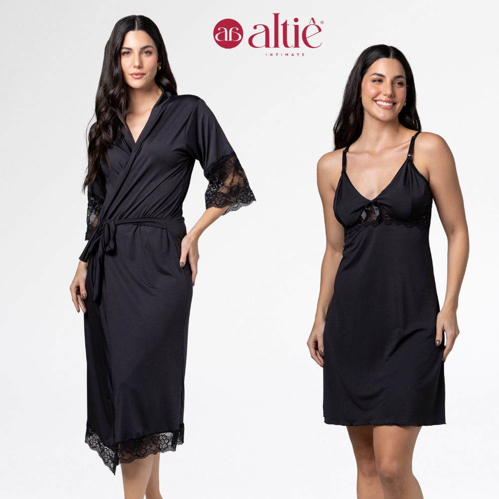 Kit Maternidade Luxo Robe Longo + Camisola Curta Amamentação Confortável - Altiê Intimate