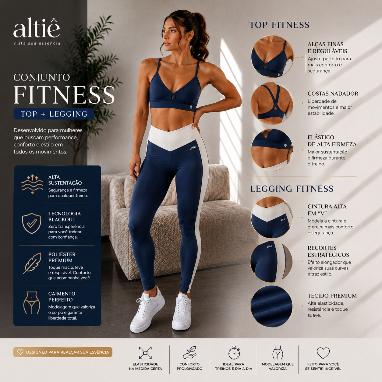 Conjunto Fitness Feminino Top + Legging Blackout Zero Transparência Poliéster Premium - Altiê Intimate