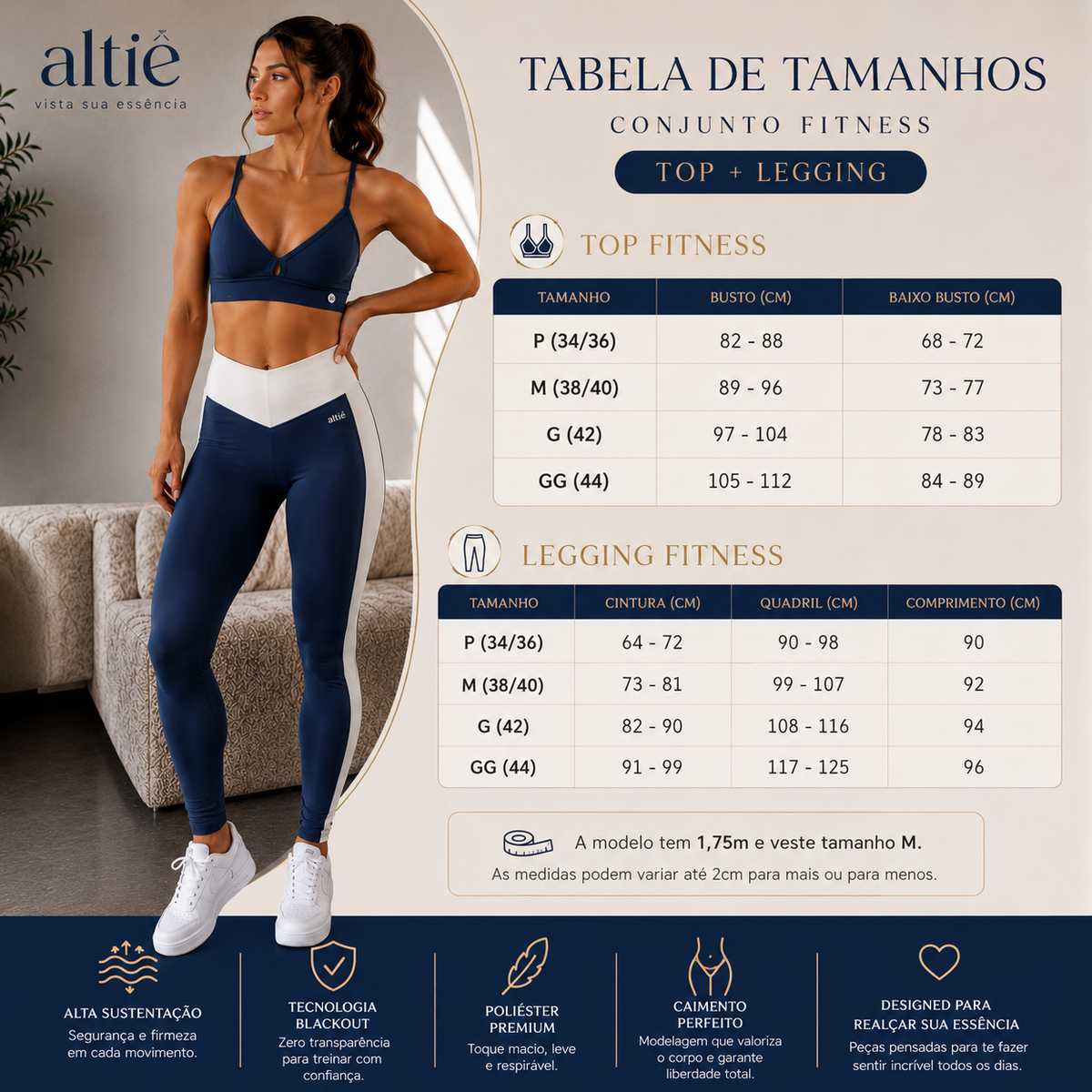 Conjunto Fitness Feminino Top + Legging Blackout Zero Transparência Poliéster Premium - Altiê Intimate