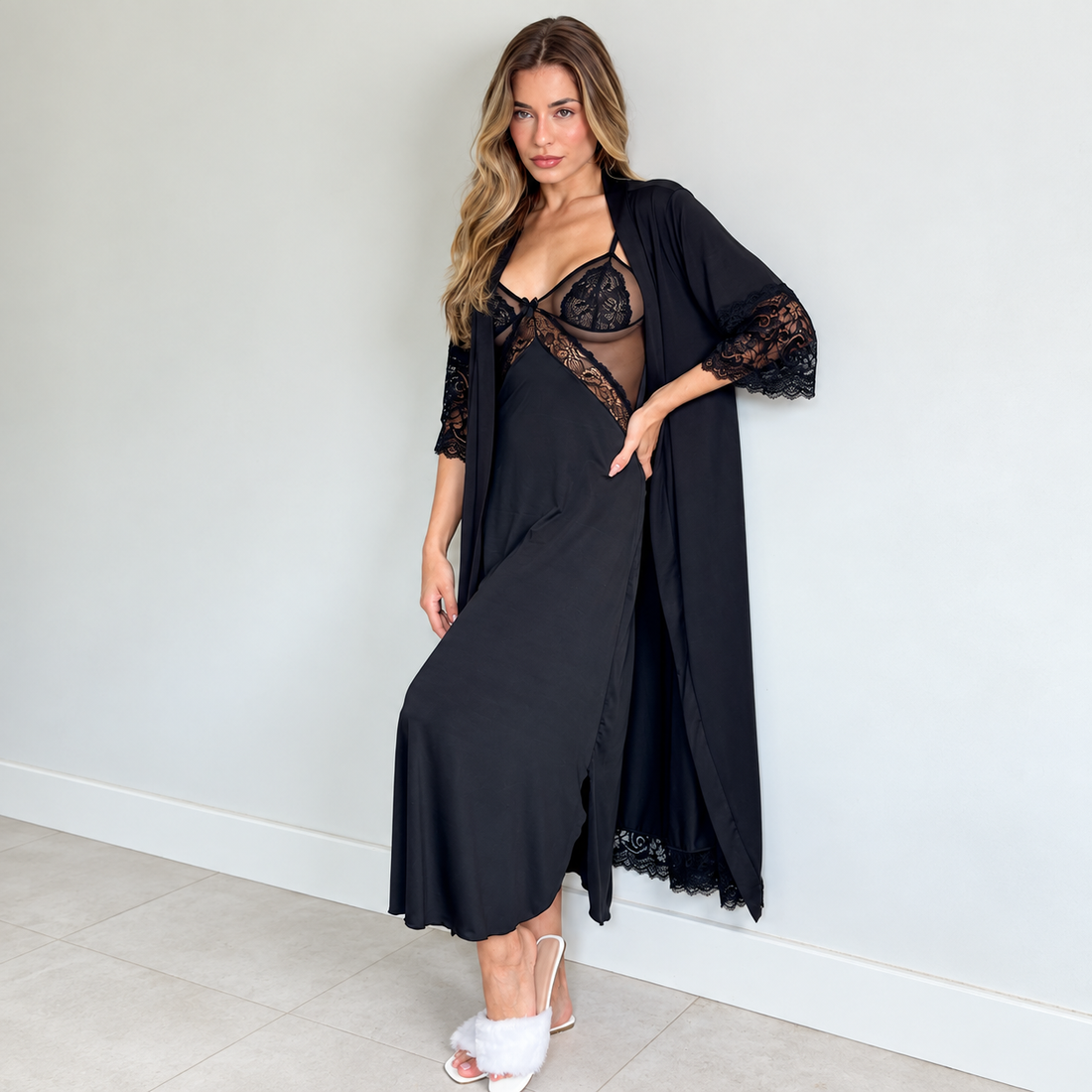Kit Camisola Longa + Robe Longo Altiê em Renda e Tule | Poliéster Premium - Altiê Intimate